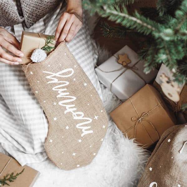 Rustic Christmas - Jute sok met opdruk Mommy