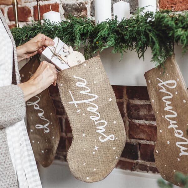 Rustic Christmas - Jute sok met opdruk Sweetie