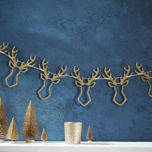 Gold Christmas - Houten herten slinger met gouden glitter (1,5 meter)