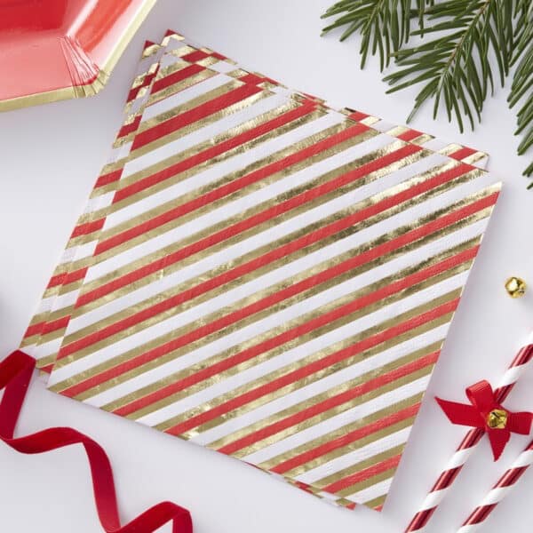 Red & Gold - Servetten Rood, Wit, Goud gestreept (20 stuks)