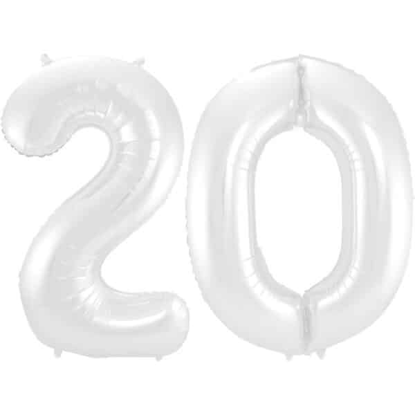 Folieballon Cijfer 20 Wit Metallic Mat - 86 cm