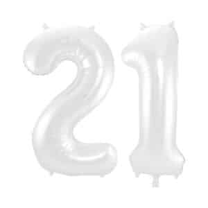 Folieballon Cijfer 21 Wit Metallic Mat - 86 cm