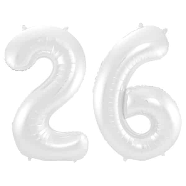Folieballon Cijfer 26 Wit Metallic Mat - 86 cm