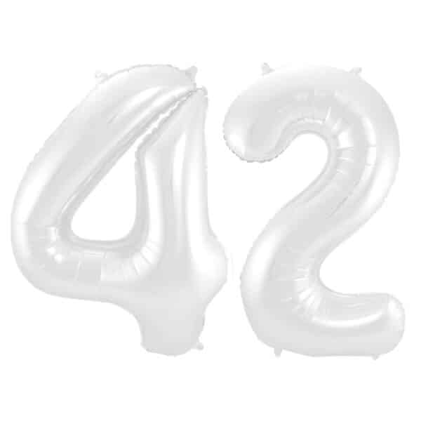 Folieballon Cijfer 42 Wit Metallic Mat - 86 cm