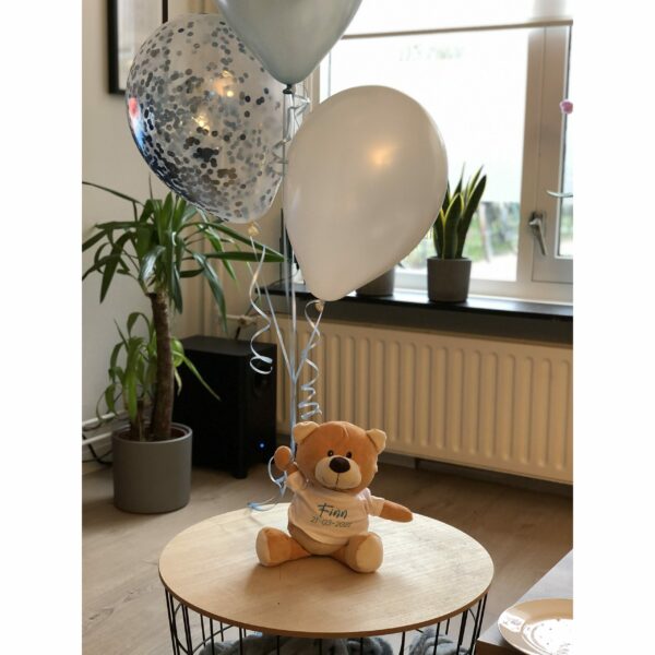 Teddybeer bedrukt voor geboorte met ballonnen
