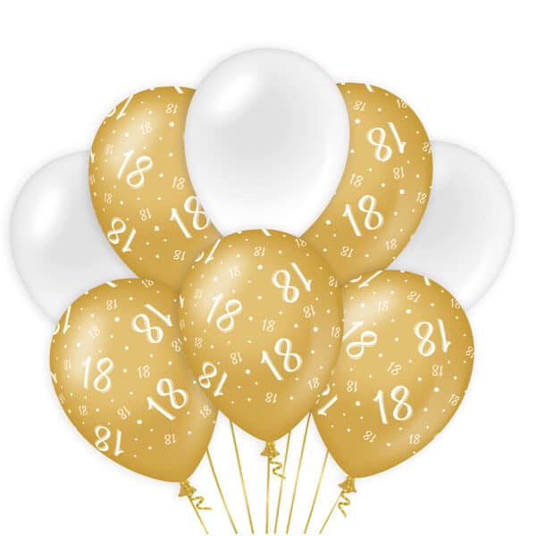 Ballonnen Gold/White 18 jaar (8 stuks)