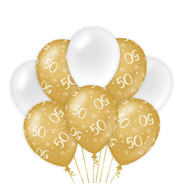Ballonnen Gold/White 50 jaar (8 stuks)