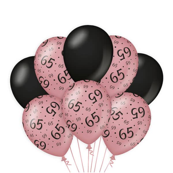 Ballonnen Rose Gold / Zwart 65 jaar (8 stuks)