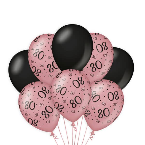 Ballonnen Rose Gold / Zwart 80 jaar (8 stuks)