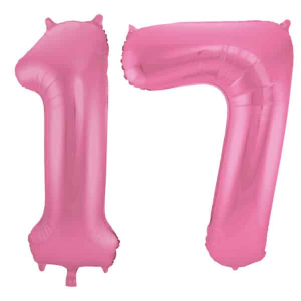 Folieballon Cijfer 17 Roze Metallic Mat - 86 cm