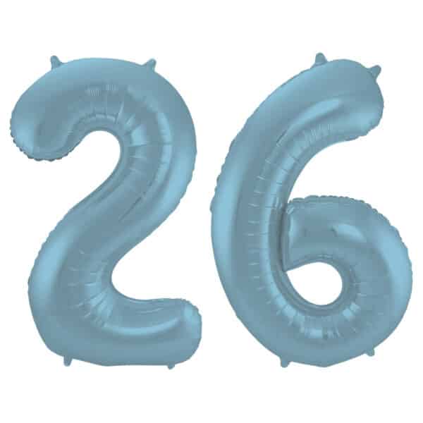 Folieballon Cijfer 26 Blauw Pastel Metallic Mat - 86 cm