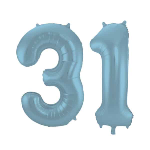 Folieballon Cijfer 31 Blauw Pastel Metallic Mat - 86 cm