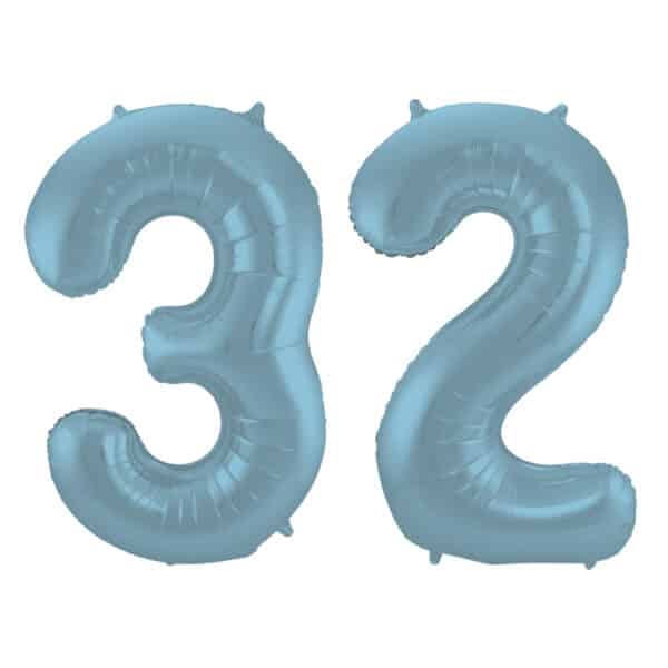 Folieballon Cijfer 32 Blauw Pastel Metallic Mat - 86 cm
