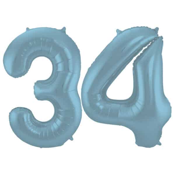 Folieballon Cijfer 34 Blauw Pastel Metallic Mat - 86 cm