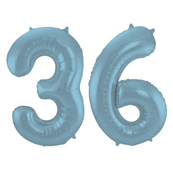 Folieballon Cijfer 36 Blauw Pastel Metallic Mat - 86 cm