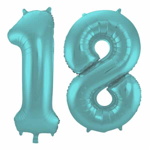 Folieballon Cijfer 18 Aqua Metallic Mat - 86 cm