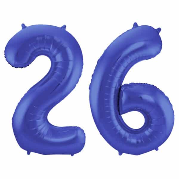Folieballon Cijfer 26 Blauw Metallic Mat - 86 cm