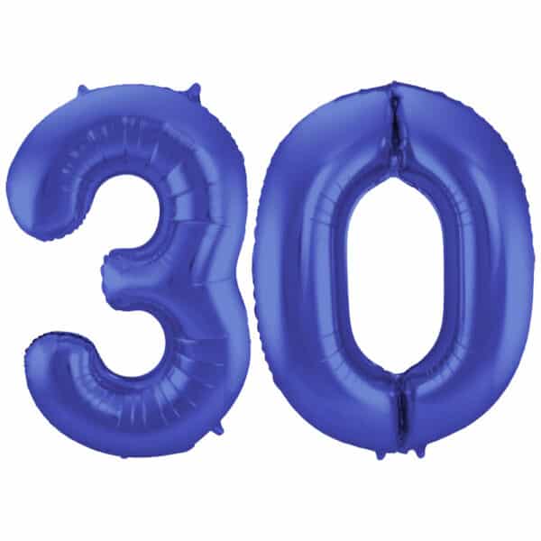 Folieballon Cijfer 30 Blauw Metallic Mat - 86 cm