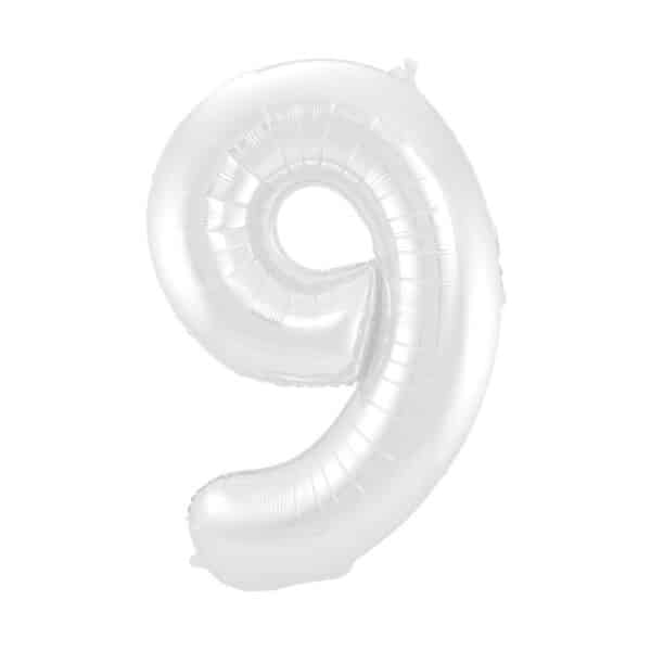 Folieballon Cijfer 9 Wit Metallic Mat - 86 cm