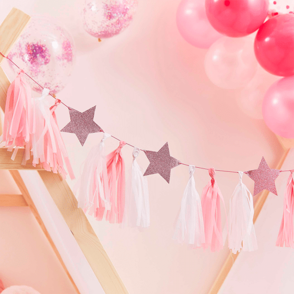Pamper party roze tasselslinger met sterren - 2 meter