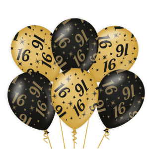 Ballonnen Gold/Black 16 jaar (6 stuks)