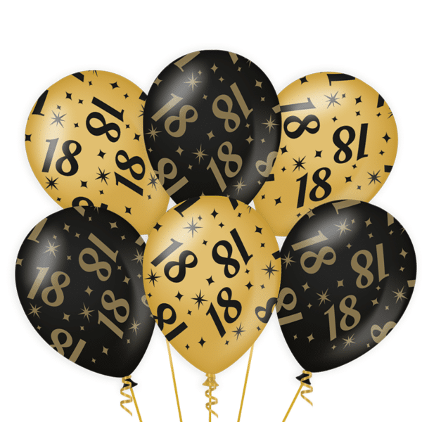 Ballonnen Gold/Black 18 jaar (6 stuks)