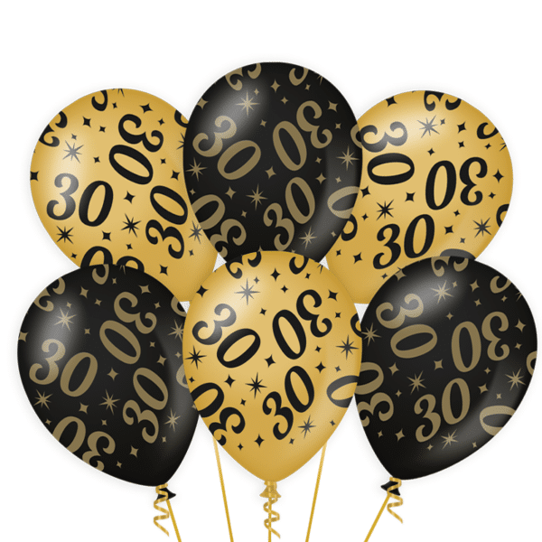 Ballonnen Gold/Black 30 jaar (6 stuks)