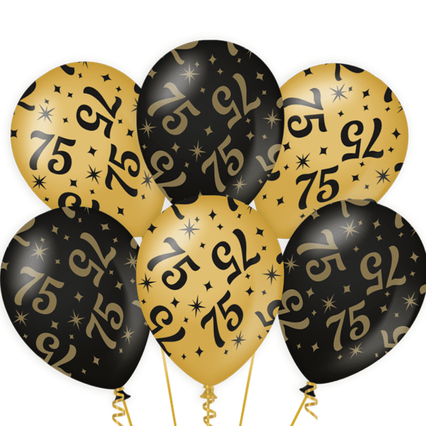 Ballonnen Gold/Black 75 jaar (6 stuks)
