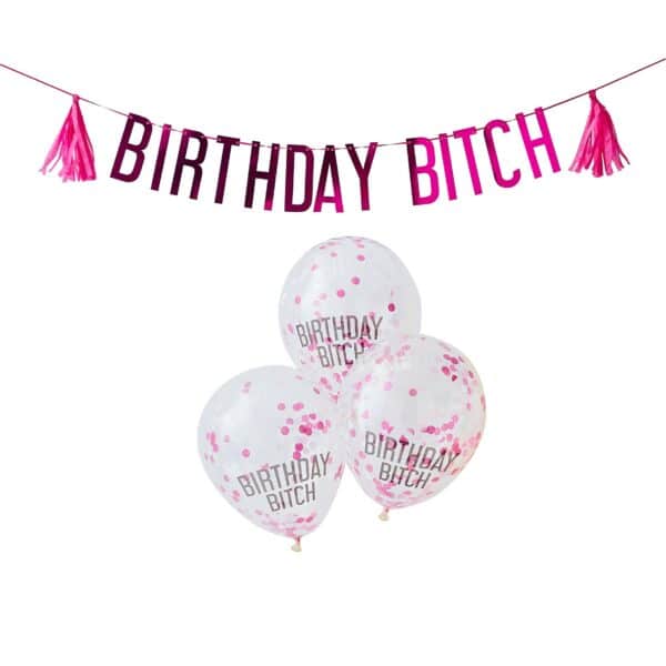 Roze Slinger Birthday Bitch met 5 confetti ballonnen