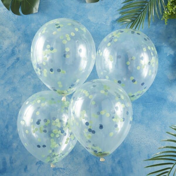 5 Doorzichtige confetti ballonnen - blauw groen