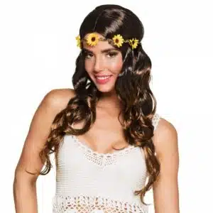 Pruik Joy zwart/bruin met hoofdband (gele bloemen) Pruik Joy zwart/bruin met hoofdband (gele bloemen)