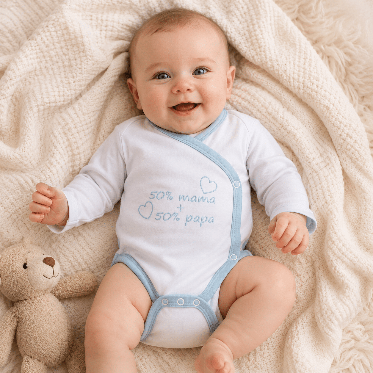 Rompertje (overslag) Luxe Katoen - 50% Mama + 50% Papa (Wit-Blauw) - Afbeelding 3
