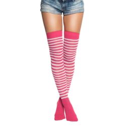 Kniekousen hoog model- Roze/Wit gestreept (one size)