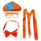 Oranje set - pet, strik, bril, bretels