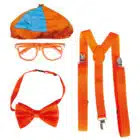 Oranje set - pet, strik, bril, bretels