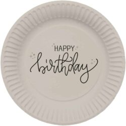 Crème noir borden happy birthday - 8 stuks - 23 cm