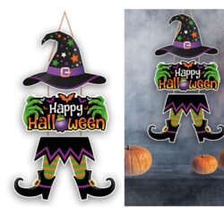 Houten happy Halloween deurbord heks - 3 delen -  x cm