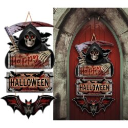 Houten happy Halloween deurbord death - 3 delen - 30 x 58 cm