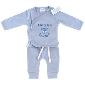 2-delig setje broek+T-shirt 'I'M BEARY CUTE' dusty blue (0-3 m)