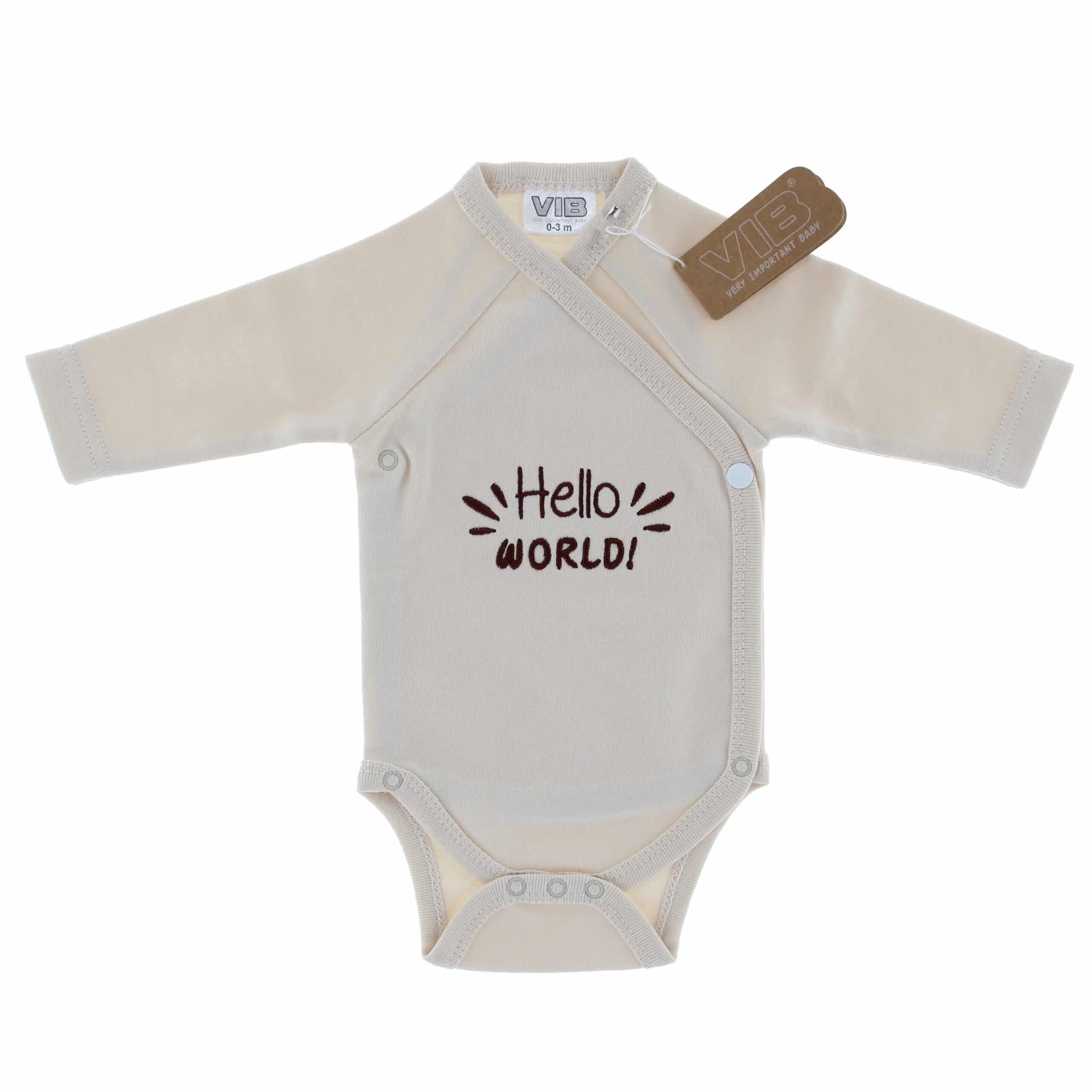Overslag romper 'Hello WORLD!' beige (0-3 m) - 1 stuks Overslag romper 'Hello WORLD!' beige (0-3 m) - 1 stuks