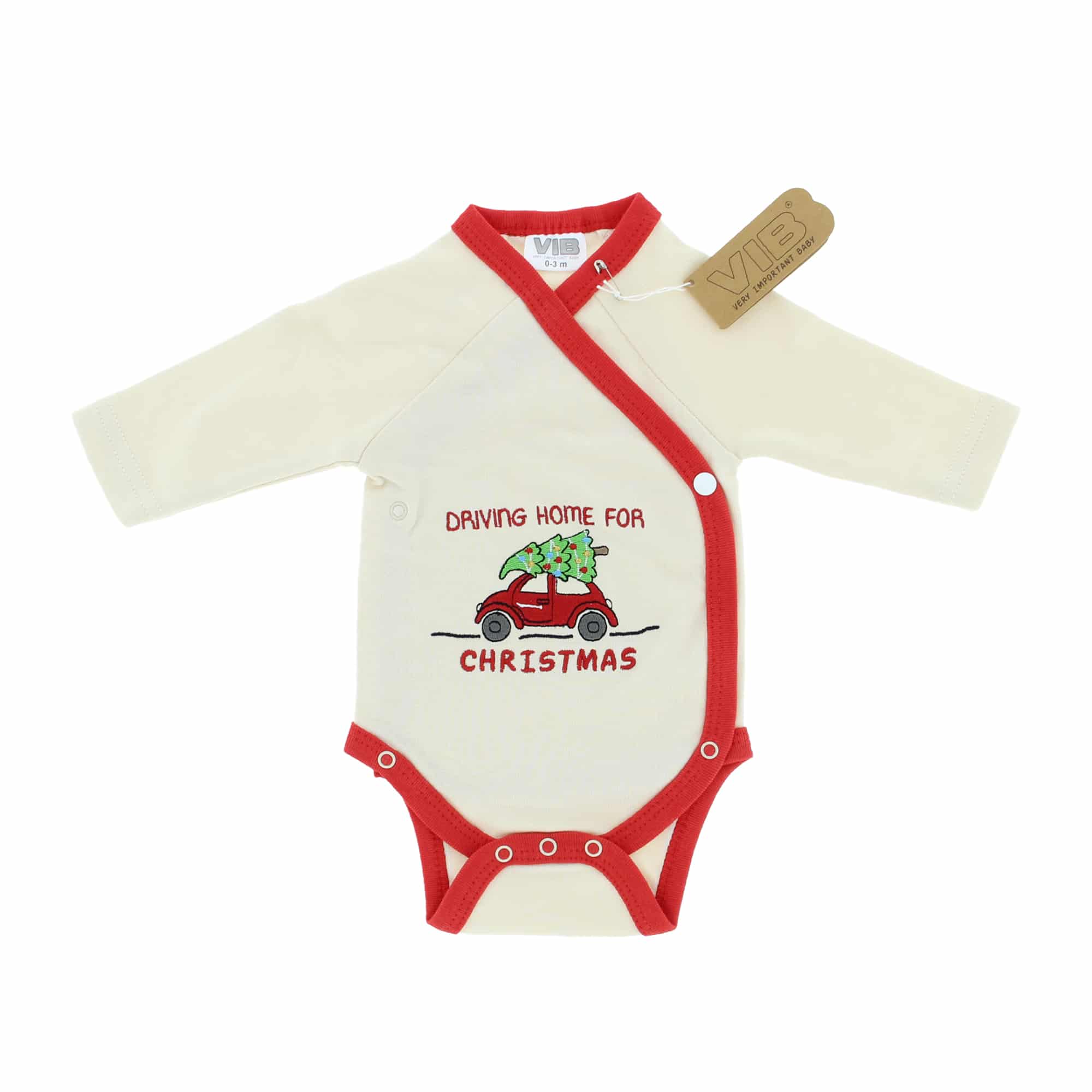 Overslag romper 'Driving home for CHRISTMAS' beige-rood (0-3 m) - 1 stuks Overslag romper 'Driving home for CHRISTMAS' beige-rood (0-3 m) - 1 stuks
