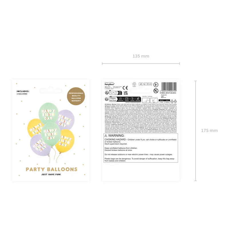 Latex ballonnen 'Happy Birthday' - pastelkleuren - CE markering op verpakking Latex ballonnen 'Happy Birthday' - pastelkleuren - CE markering op verpakking